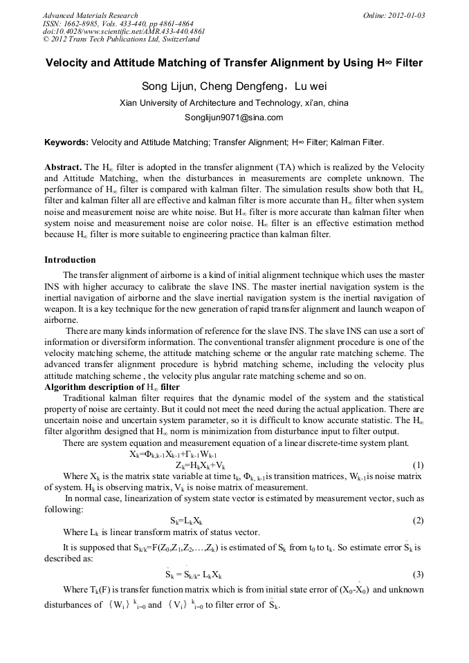 Velocity and Attitude Matching of Transfer Alignment by Using H∞ Filter ...