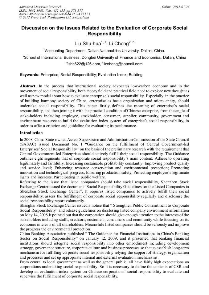 Discussion On The Issues Related To The Evaluation Of Corporate Social Responsibility Scientific Net