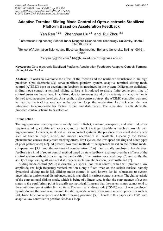 Adaptive Terminal Sliding Mode Control of OptoElectronic Stabilized
