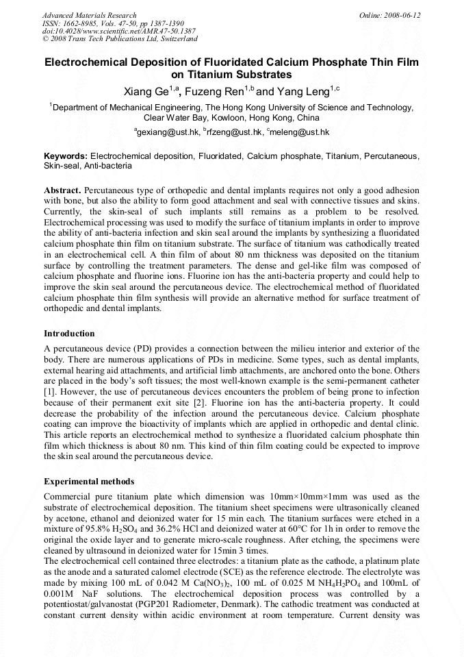 Electrochemical Deposition of Fluoridated Calcium Phosphate Thin Film