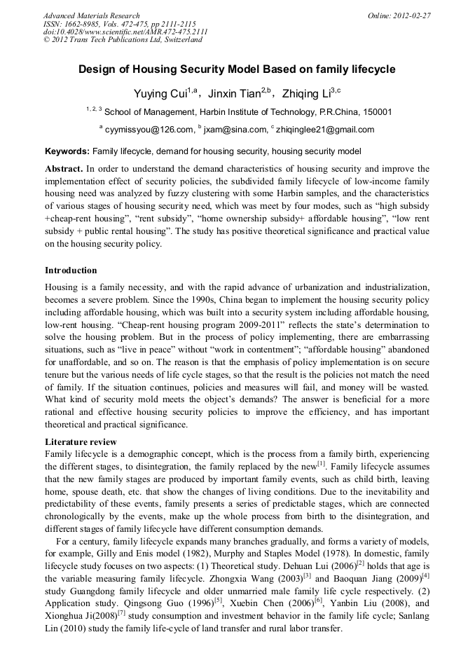 Design of Housing Security Model Based on Family Lifecycle