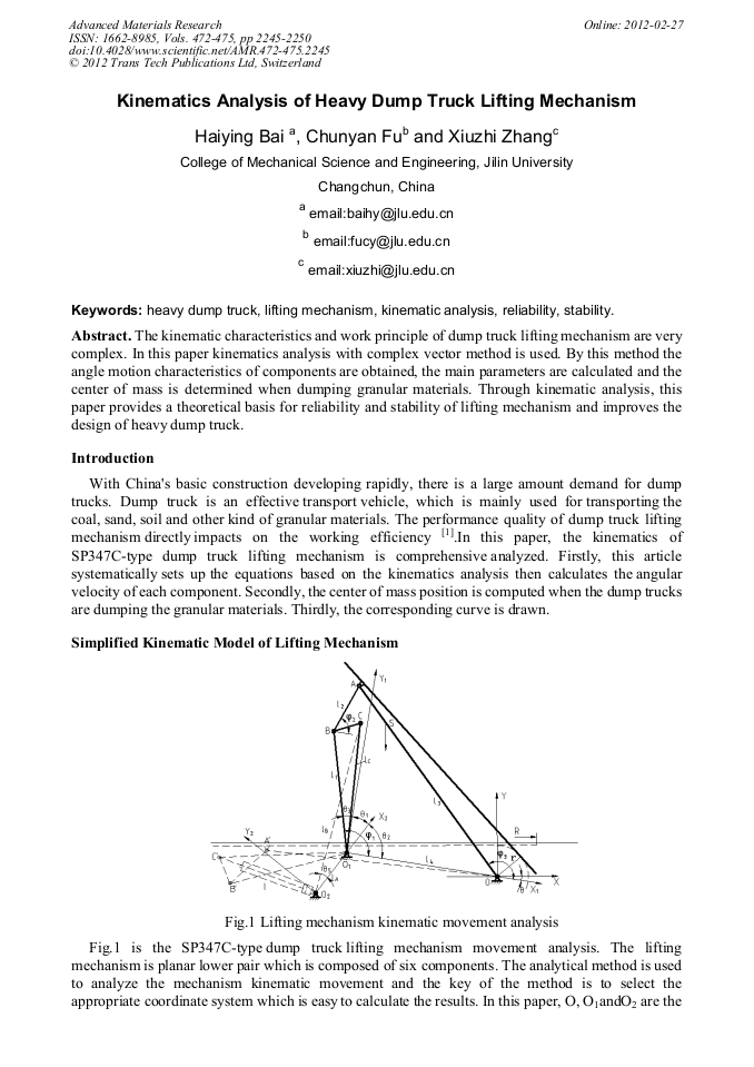 Kinematics Analysis of Heavy Dump Truck Lifting Mechanism