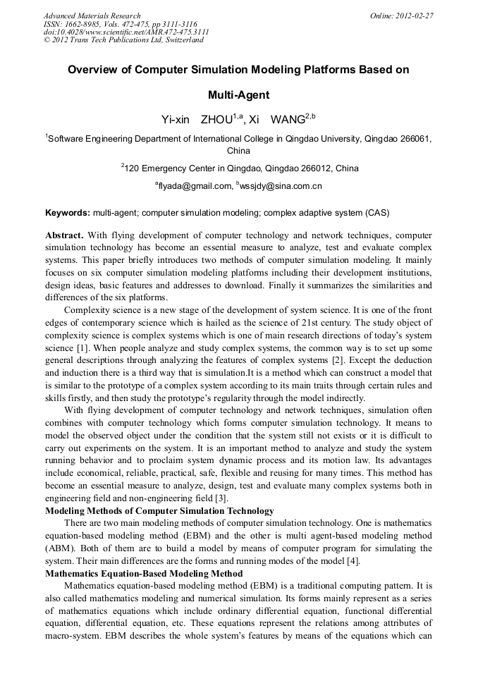 Overview of Computer Simulation Modeling Platforms Based on Multi-Agent ...