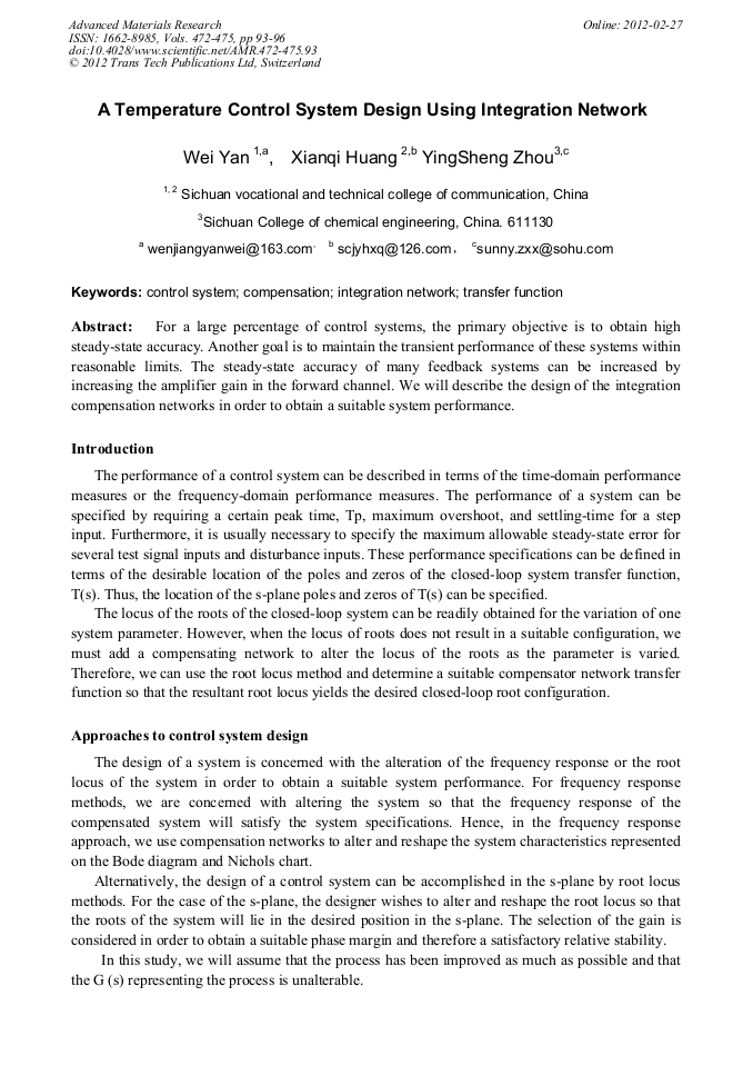 A Temperature Control System Design Using Integration Network