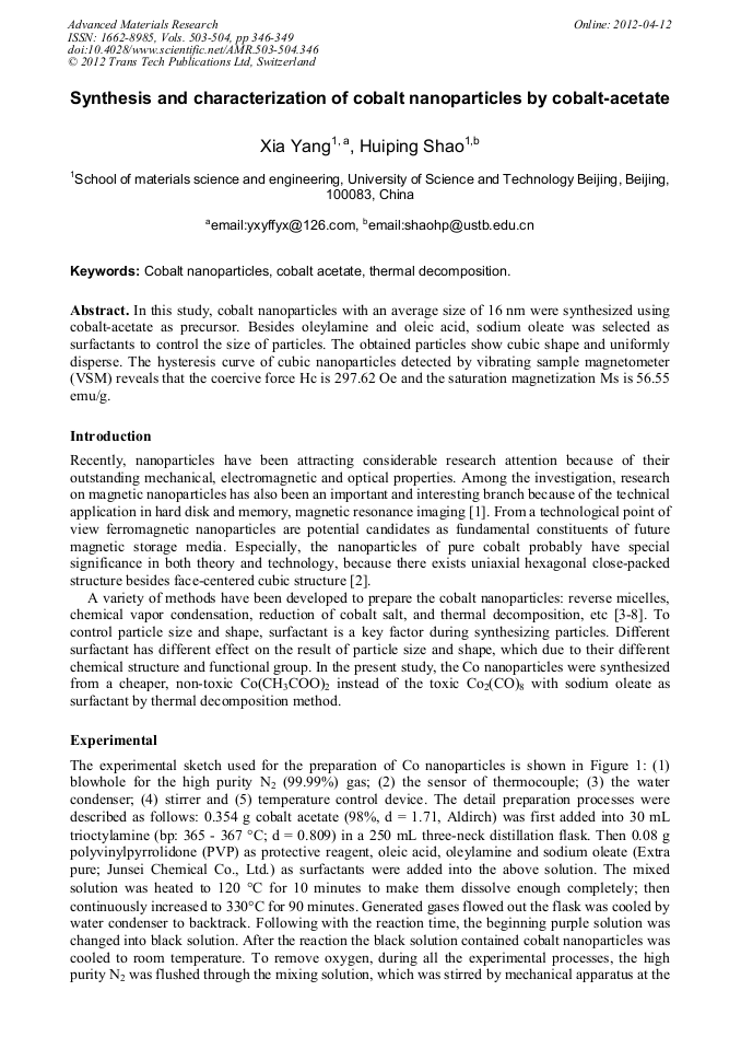 Synthesis and Characterization of Cobalt Nanoparticles by Cobalt