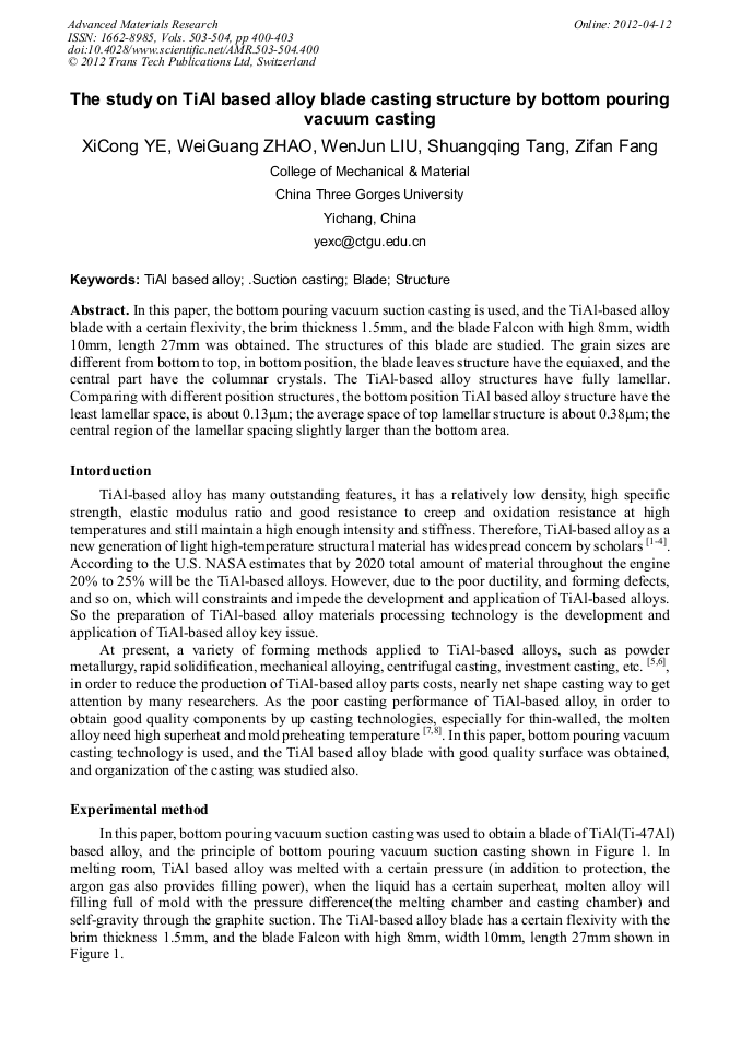 The Study on TiAl Based Alloy Blade Casting Structure by Bottom Pouring