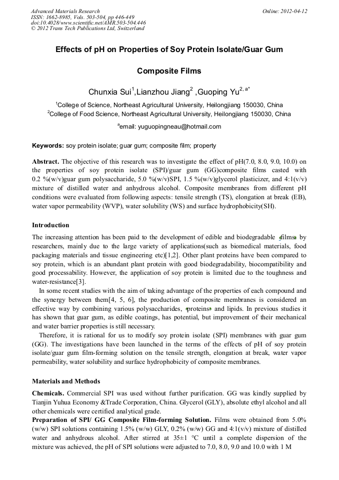 Effects of pH on Properties of Soy Protein Isolate/Guar Gum Composite