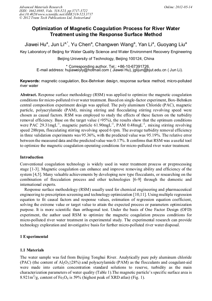 Optimization of Coagulation Process for River Water Treatment