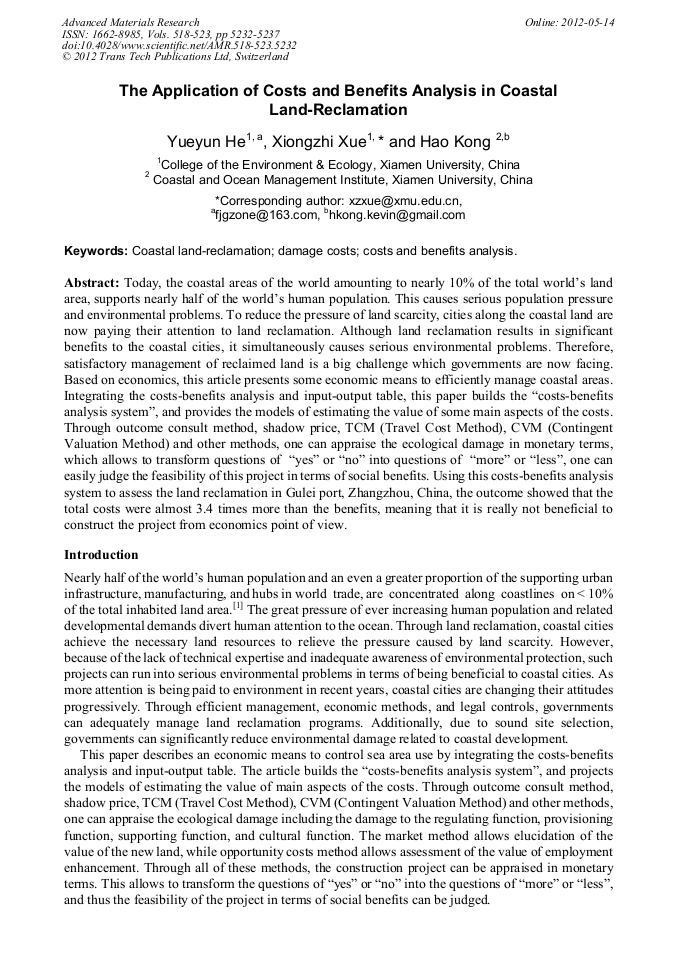 The Application of Costs and Benefits Analysis in Coastal Land