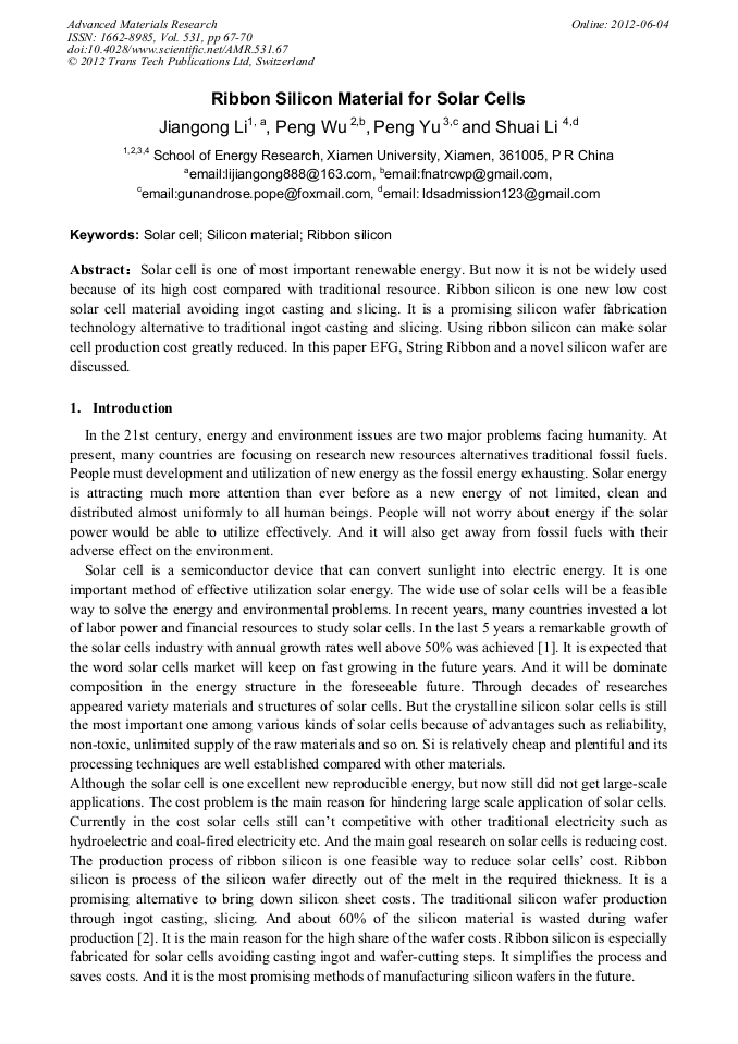 Ribbon Silicon Material for Solar Cells | Scientific.Net