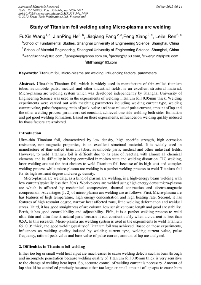 Study of Titanium Foil Welding Using MicroPlasma Arc Welding