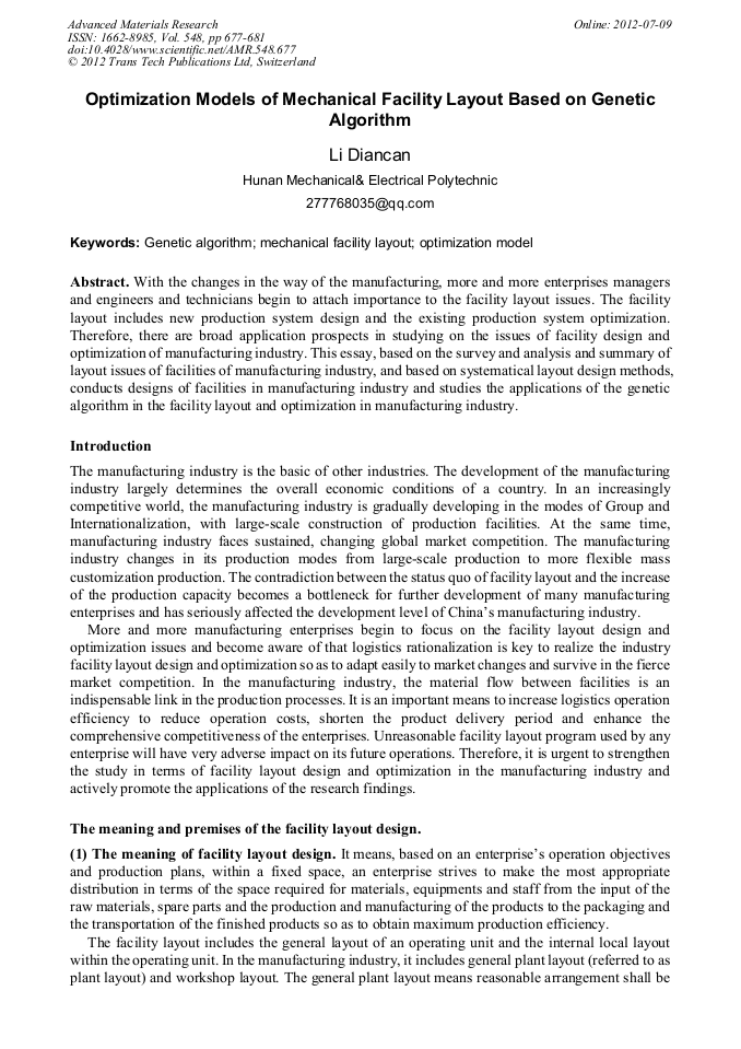 Optimization Models of Mechanical Facility Layout Based on Genetic ...