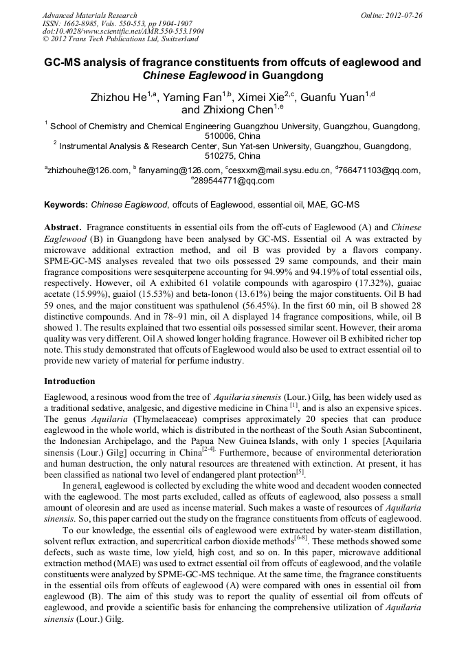 GC-MS Analysis of Fragrance Constituents from Offcuts of Eaglewood and ...