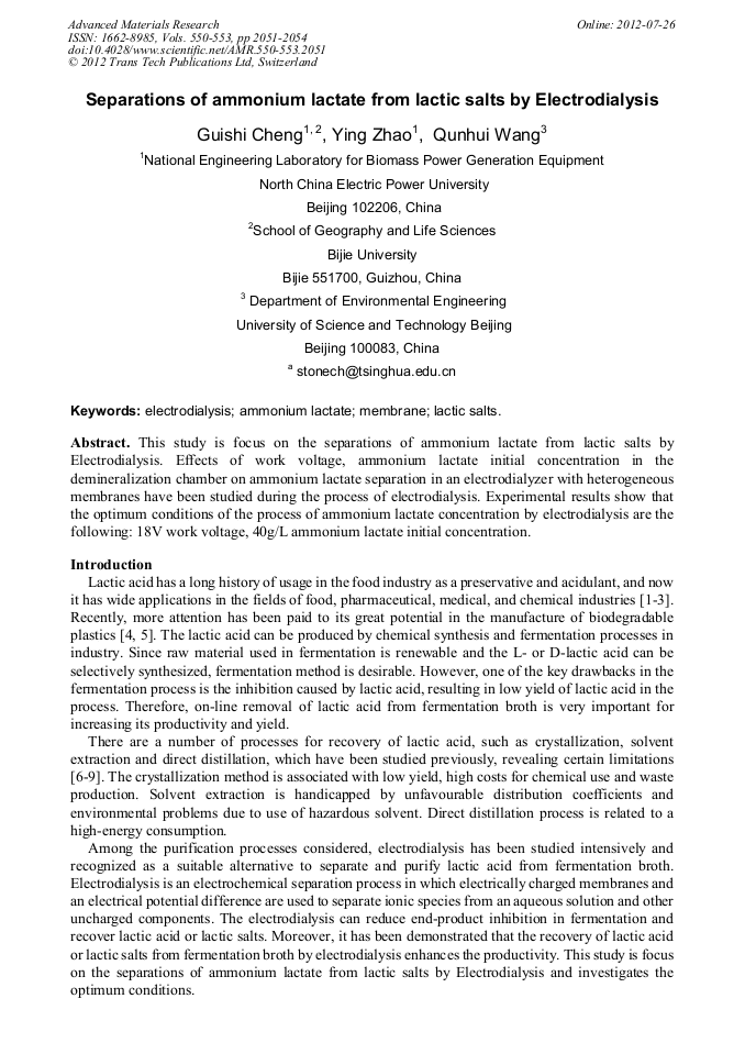Separations Of Ammonium Lactate From Lactic Salts By Electrodialysis Scientific Net