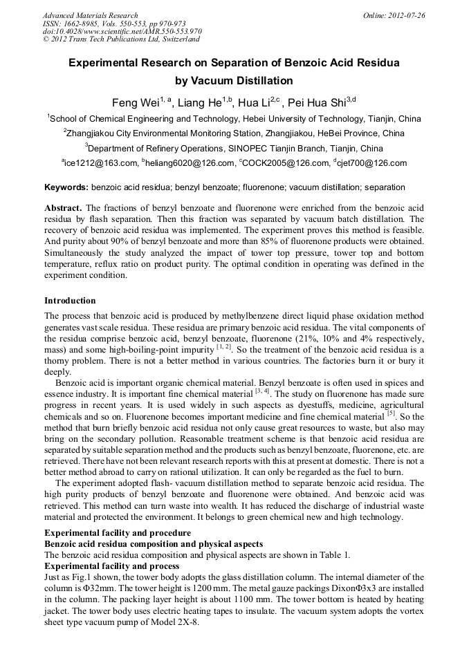 Experimental Research on Separation of Benzoic Acid Residua by Vacuum