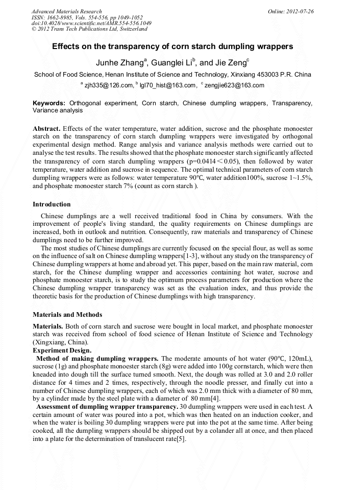 Effects on the Transparency of Corn Starch Dumpling Wrappers