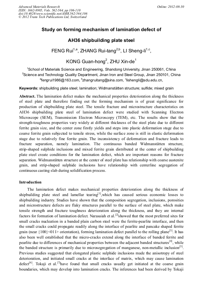 Study on Forming Mechanism of Lamination Defect of AH36 Shipbuilding