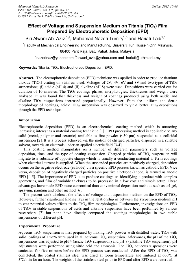 Effect of Voltage and Suspension Medium on Titania (TiO2) Film Prepared ...