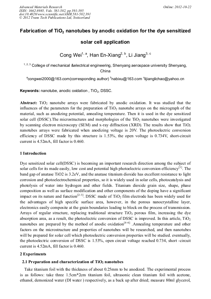 Fabrication Of Tio2 Nanotubes By Anodic Oxidation For The Dye Sensitized Solar Cell Application Scientific Net