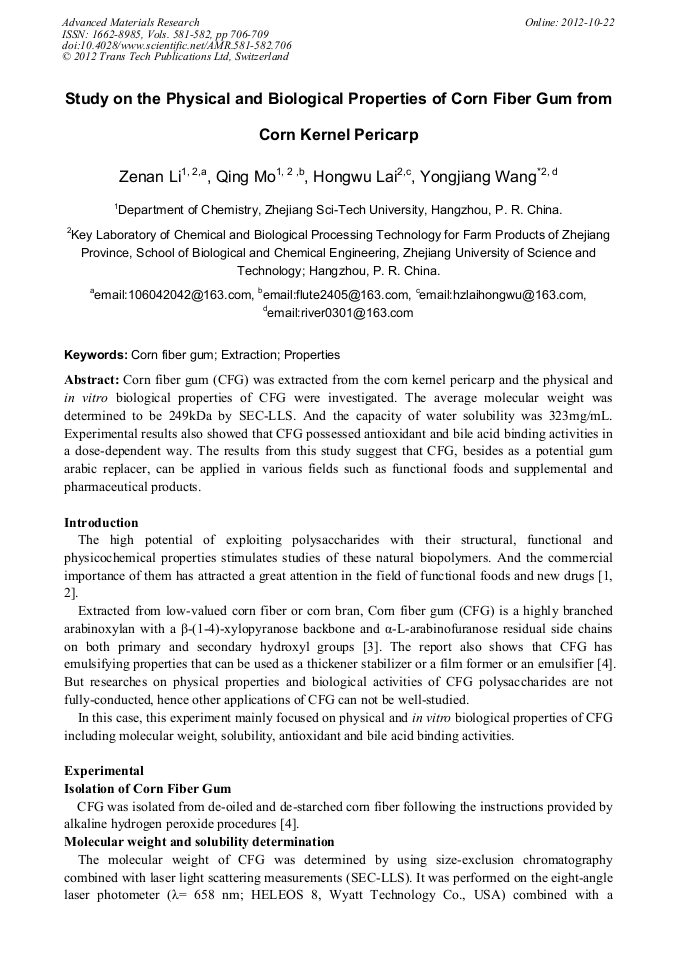 Study on the Physical and Biological Properties of Corn Fiber Gum from