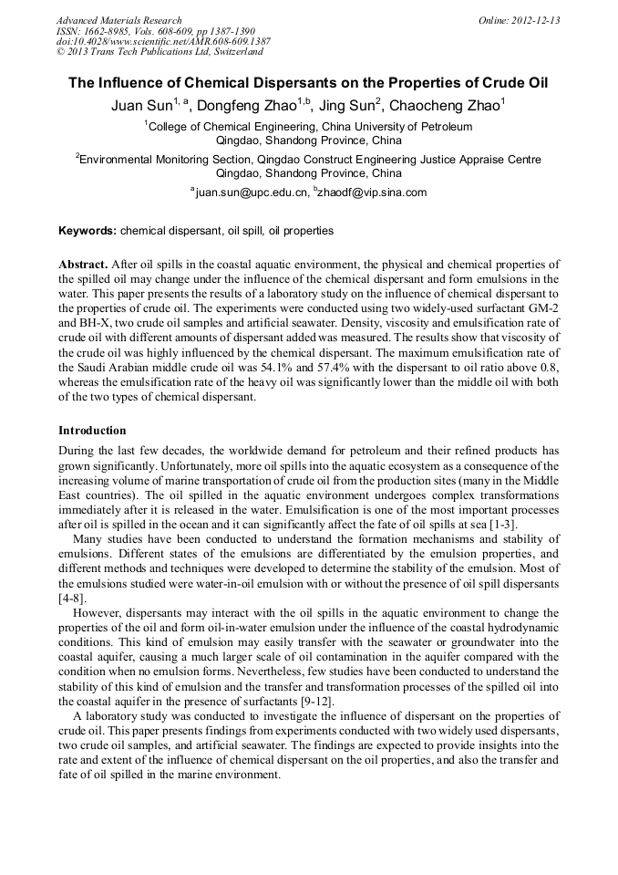 The Influence of Chemical Dispersants on the Properties of Crude Oil