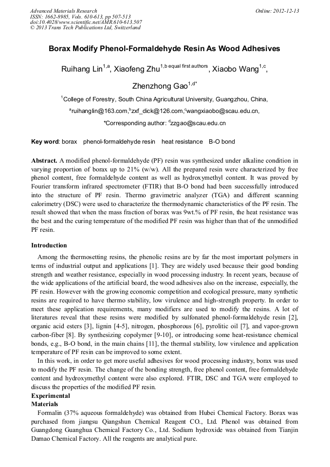 Borax Modify PhenolFormaldehyde Resin as Wood Adhesives