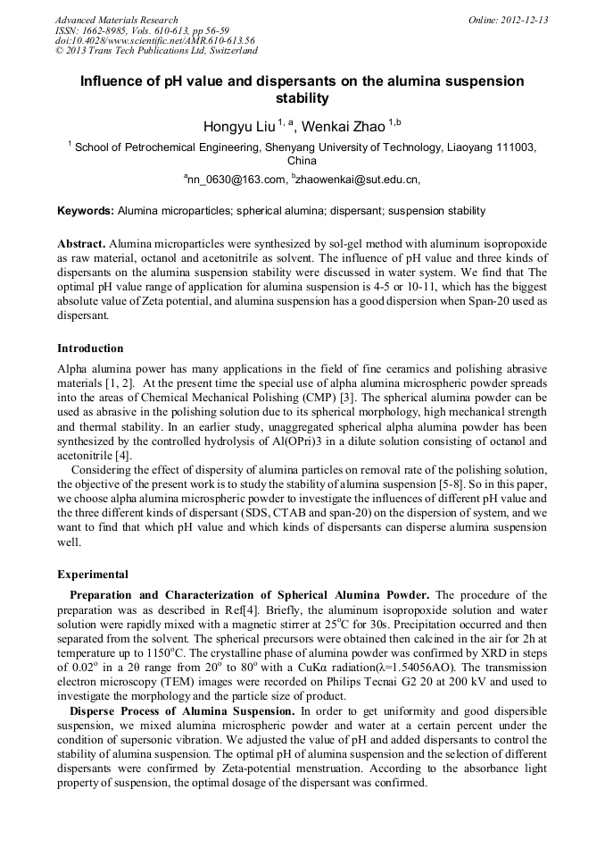Influence of pH Value and Dispersants on the Alumina Suspension