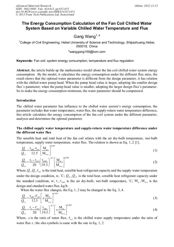 The Energy Consumption Calculation of the Fan Coil Chilled Water System