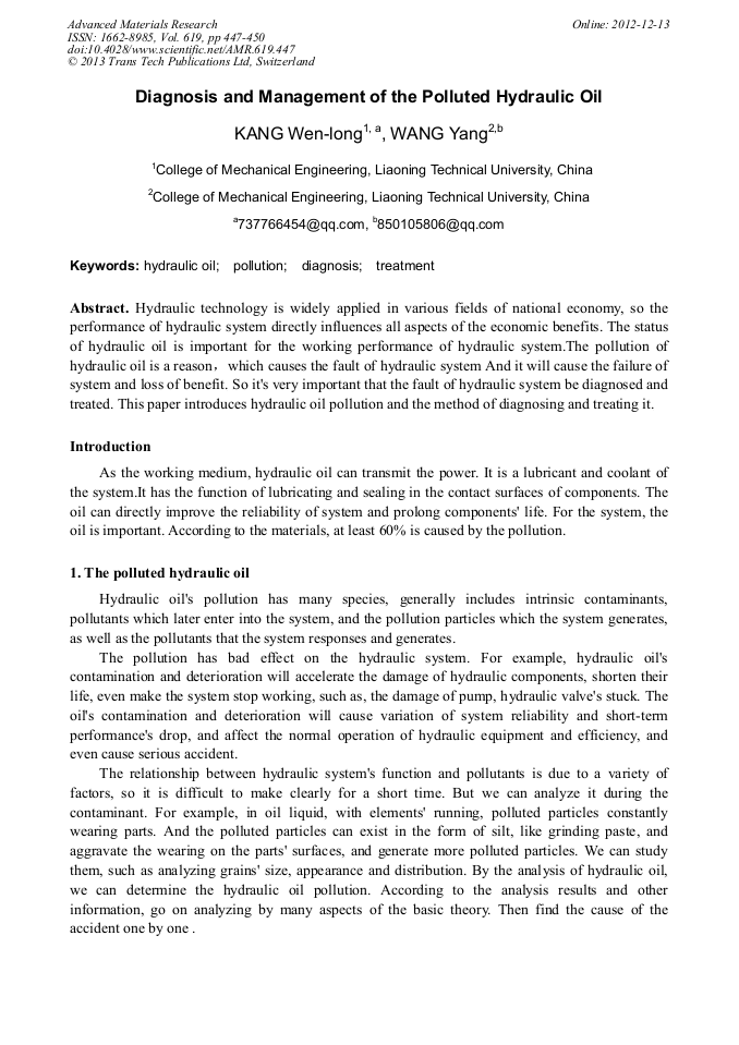 Diagnosis and Management of the Polluted Hydraulic Oil