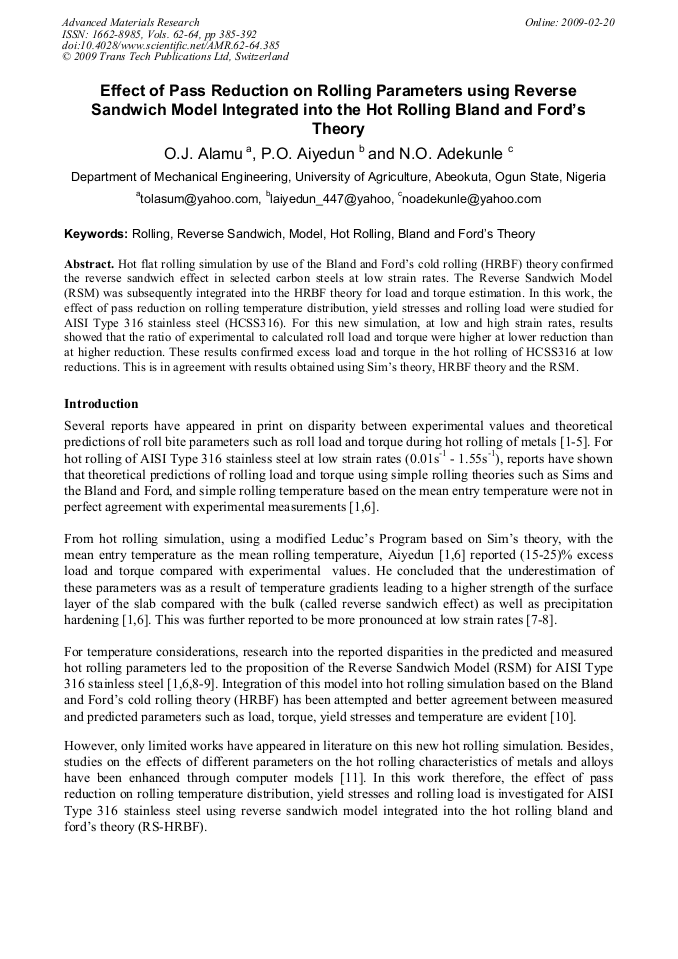 Effect of Pass Reduction on Rolling Parameters Using Reverse Sandwich Model Integrated into the