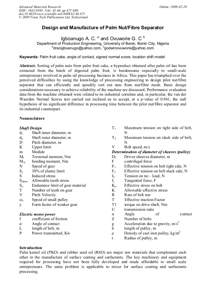 Design and Manufacture of Palm Nut/Fibre Separator