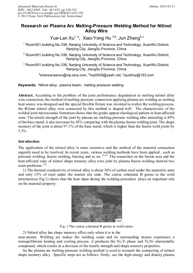 Research on Plasma Arc MeltingPressure Welding Method for Nitinol