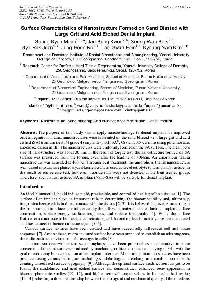 Surface Characteristics of Nanostructure Formed on Sand Blasted with