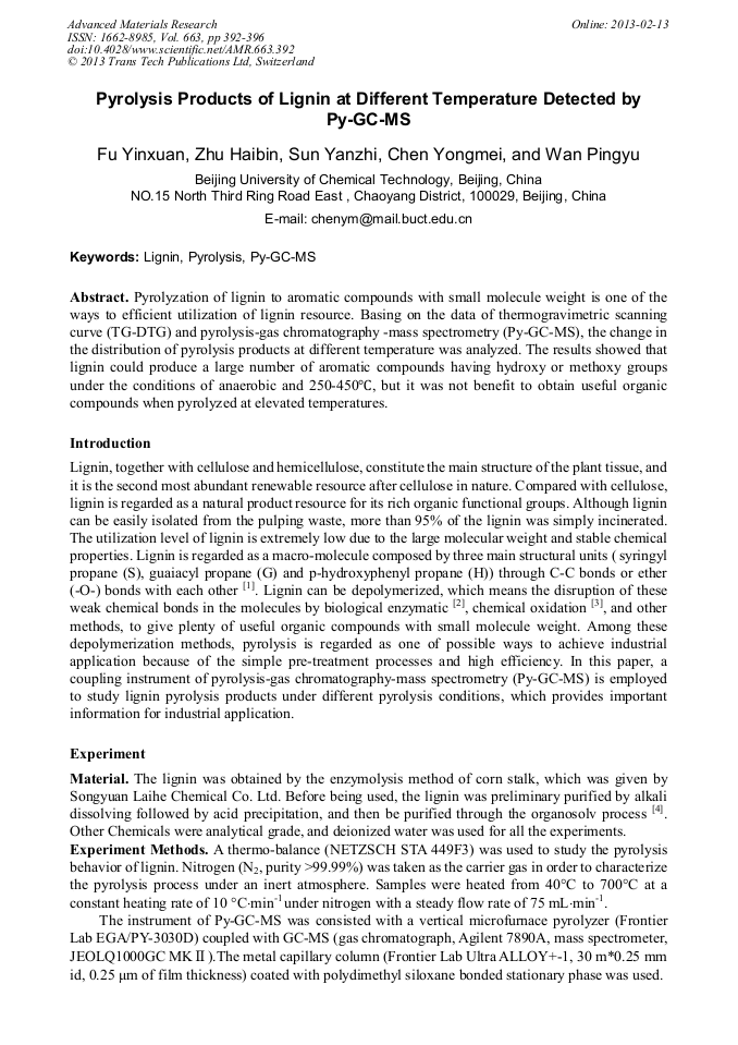 Pyrolysis Products of Lignin at Different Temperature Detected by Py-GC ...