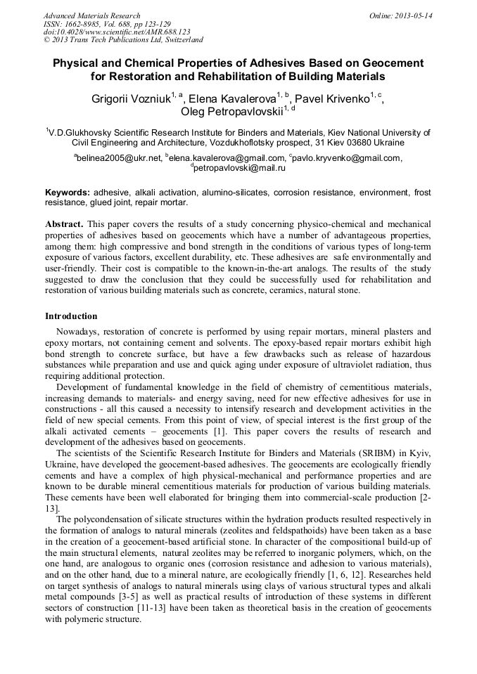 Physical and Chemical Properties of Adhesives Based on Geocement for