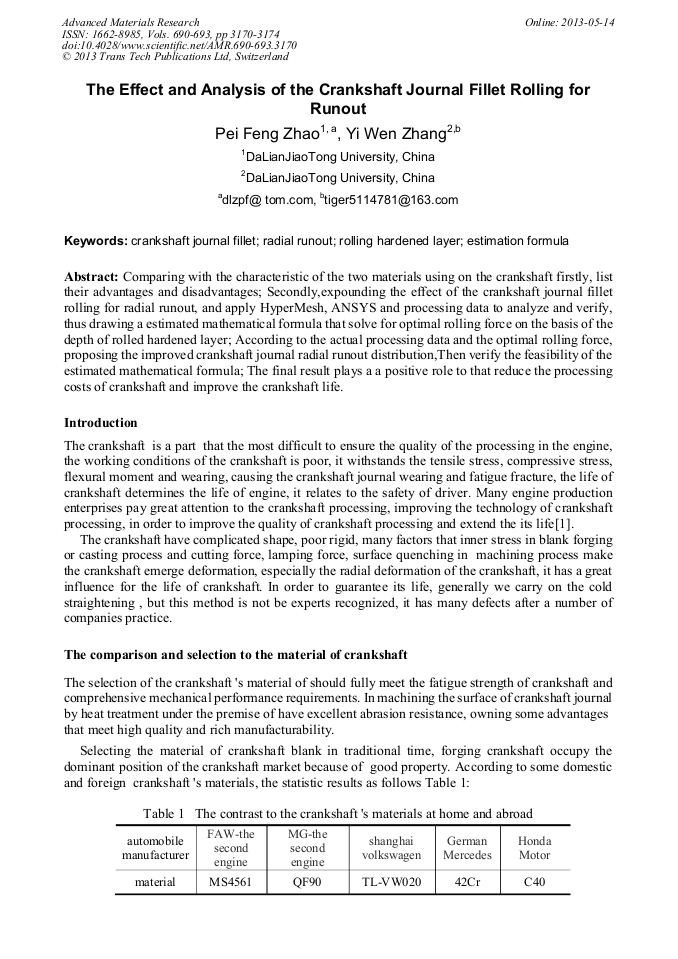 The Effect and Analysis of the Crankshaft Journal Fillet Rolling for Runout