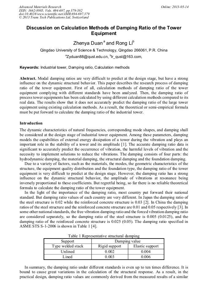 Discussion on Calculation Methods of Damping Ratio of the Tower