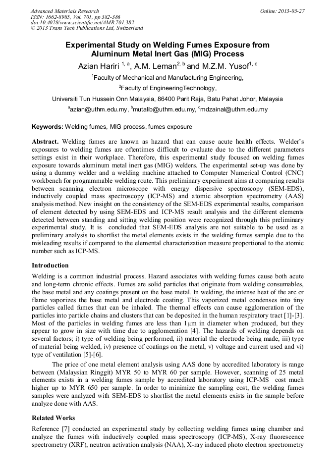 Experimental Study On Welding Fumes Exposure From Aluminum Metal Inert Gas Mig Process Scientific Net