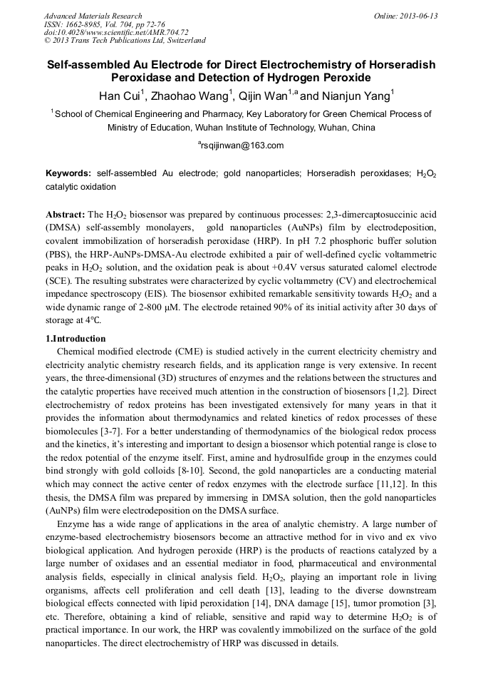 SelfAssembled Au Electrode for Direct Electrochemistry of Horseradish