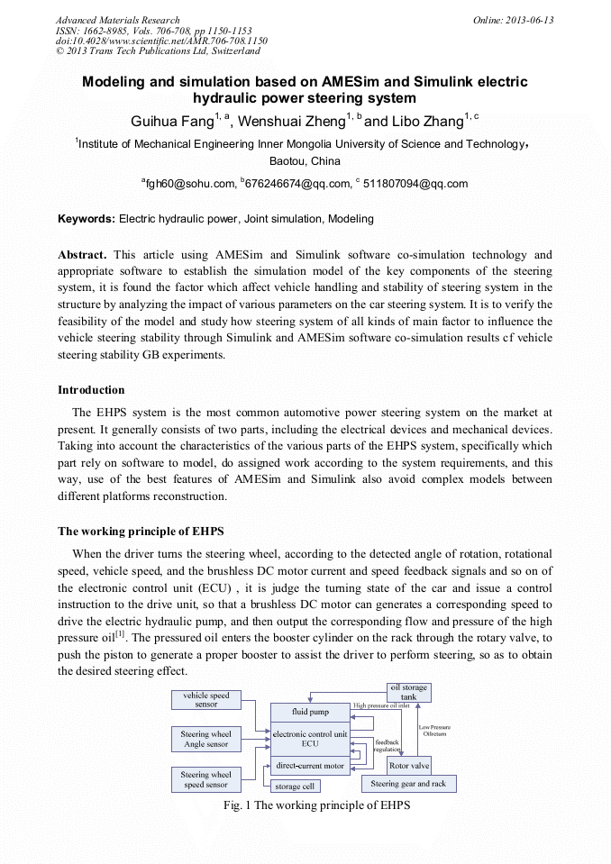 Modeling and Simulation Based on AMESim and Simulink Electric Hydraulic Power Steering System