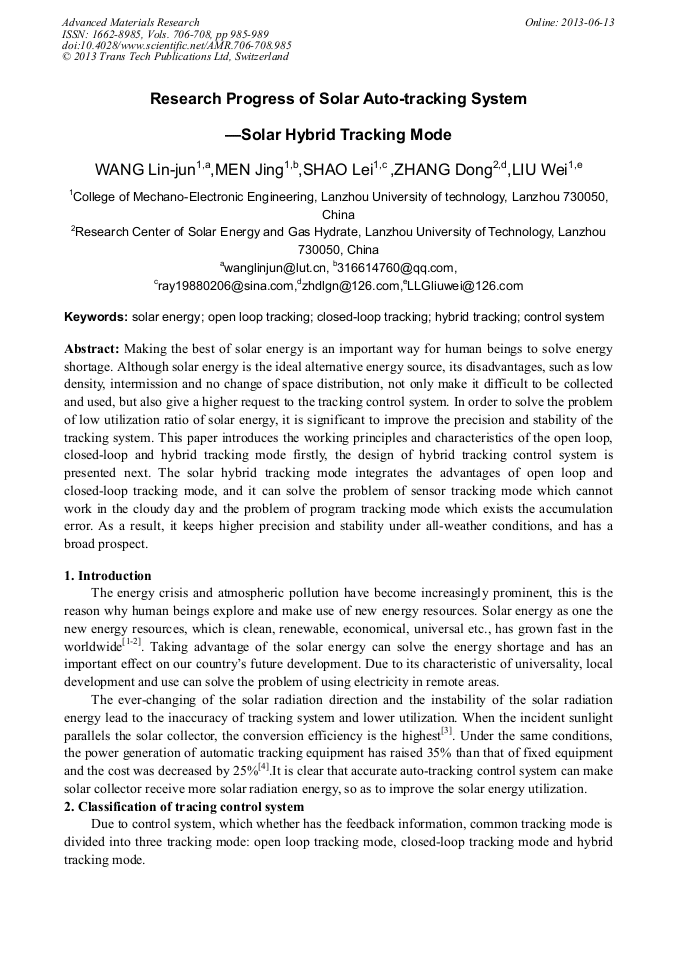Research Progress Of Solar Auto Tracking System Solar