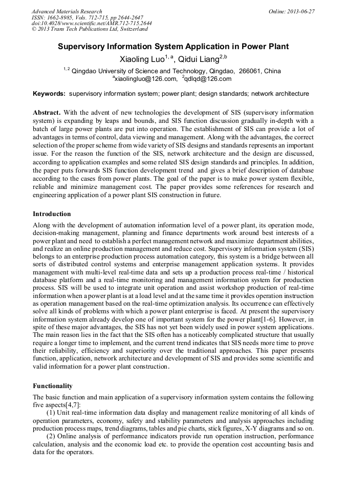 Supervisory Information System Application in Power Plant