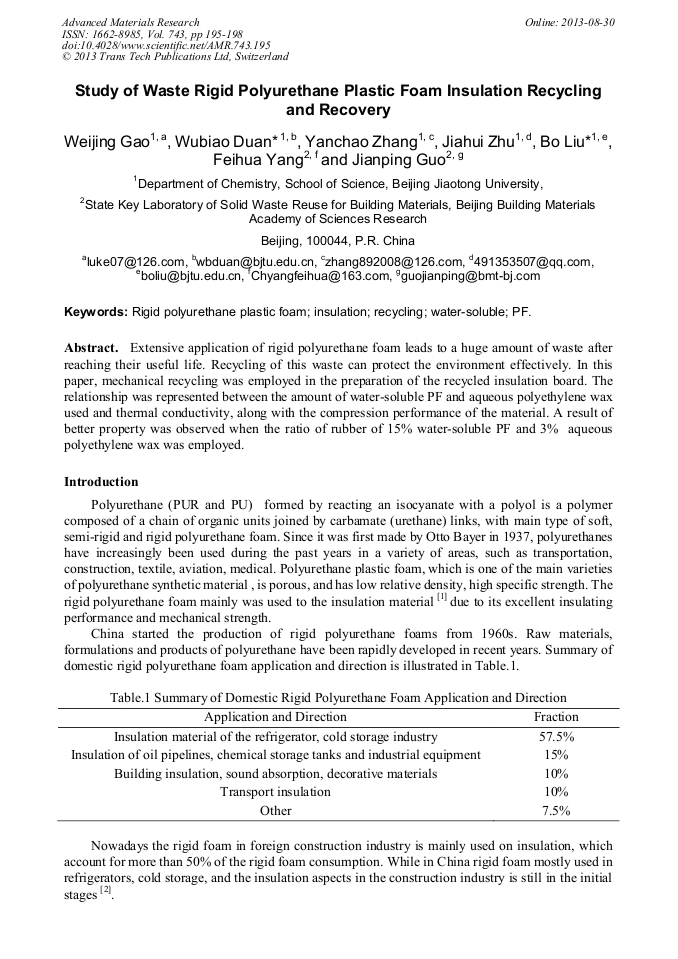 Study of Waste Rigid Polyurethane Plastic Foam Insulation Recycling and