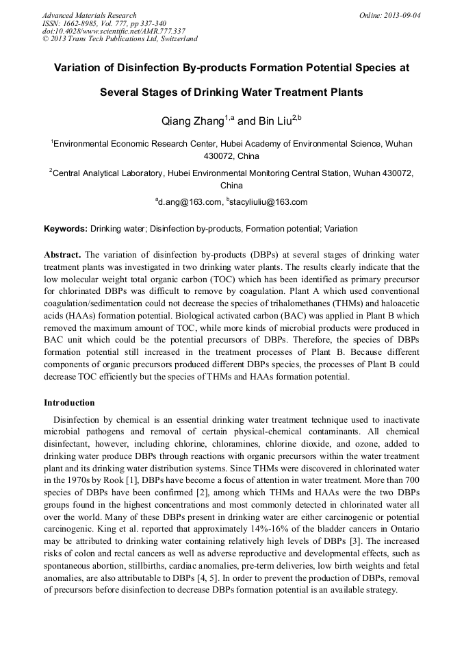 Variation of Disinfection ByProducts Formation Potential Species at