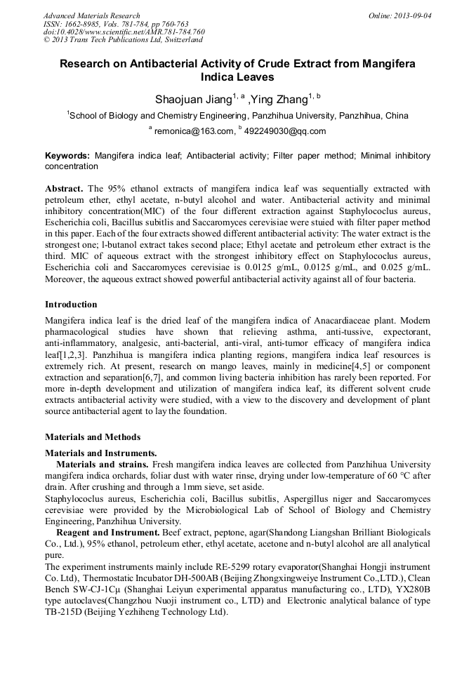 Research on Antibacterial Activity of Crude Extract from Mangifera Indica Leaves