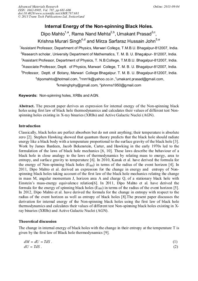 Internal Energy of the NonSpinning Black Holes