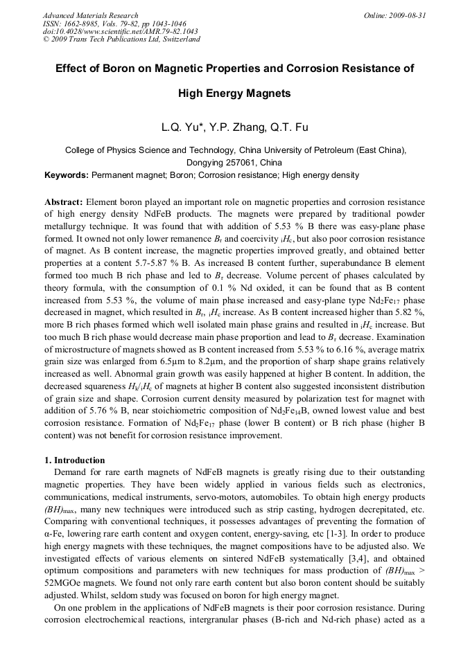Effect of Boron on Properties and Corrosion Resistance of High Energy
