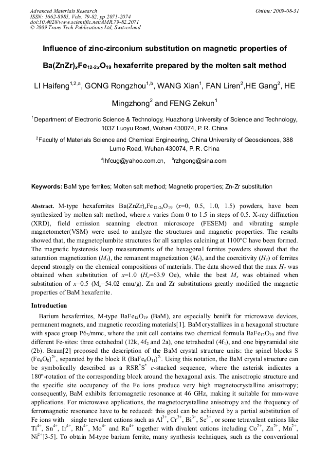 Influence of ZincZirconium Substitution on Properties of Ba