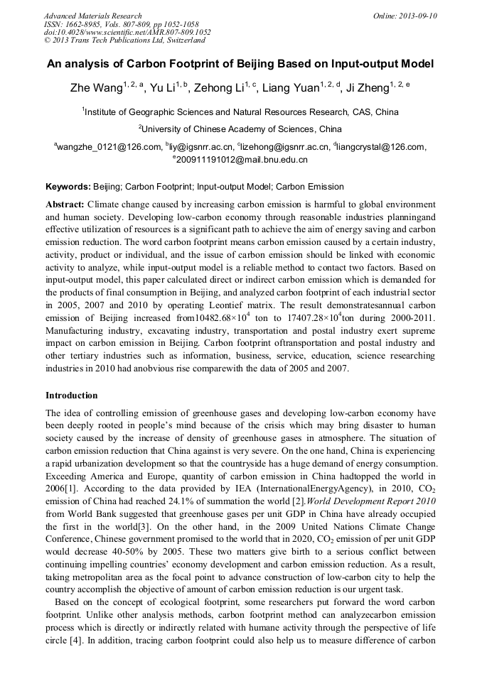 An Analysis of Carbon Footprint of Beijing Based on Input-Output Model ...