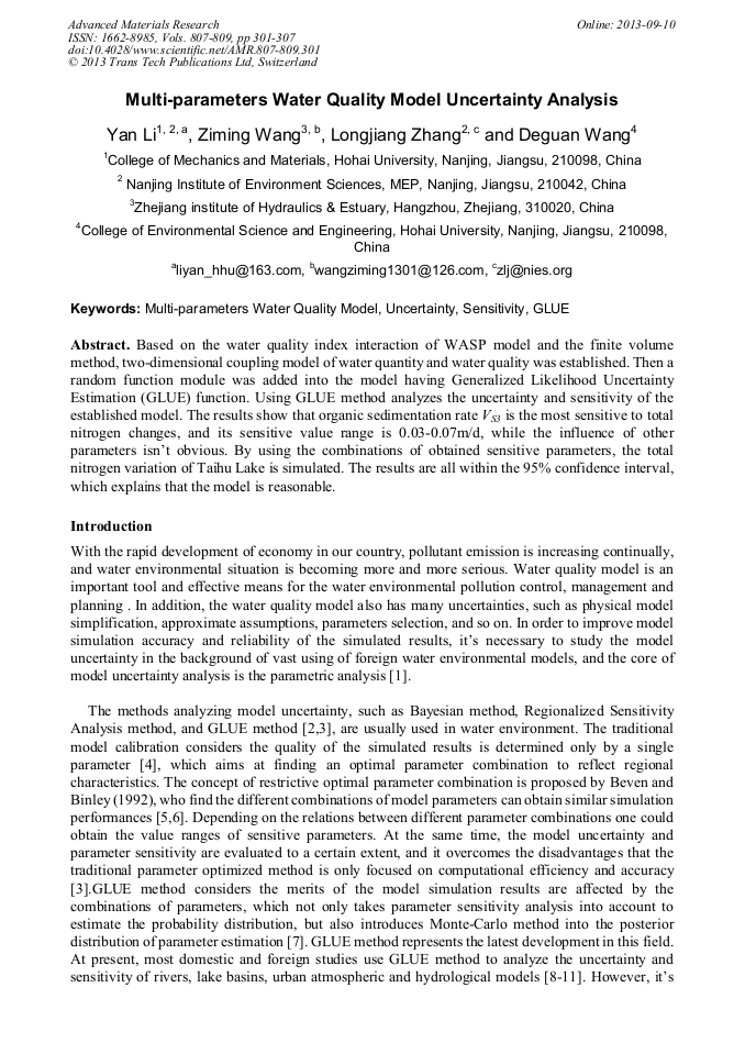 MultiParameters Water Quality Model Uncertainty Analysis